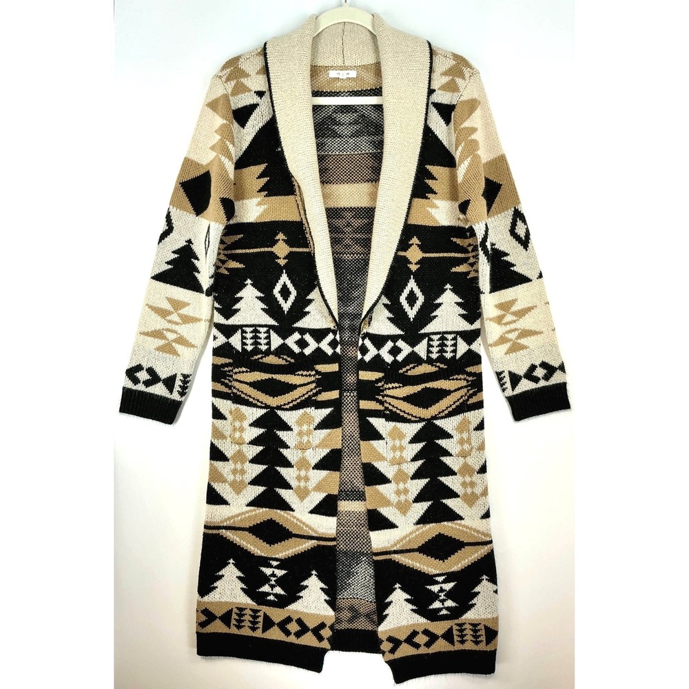 Maurices Western Geo Print Duster Sweater Sz S Black Beige Shawl Collar Cardigan